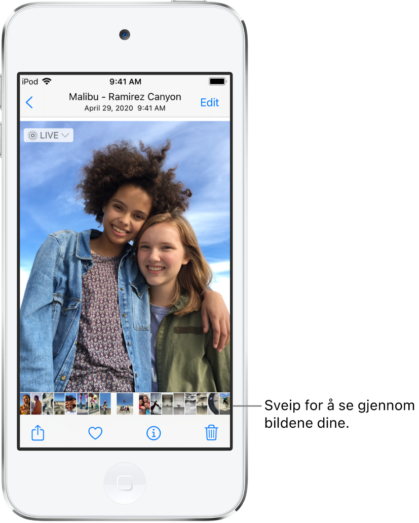 Et bilde med miniatyrbilder av andre bilder nederst på skjermen. Øverst til venstre er det en tilbake-knapp som tar deg tilbake til visningen der du holdt på. Nederst er Del-, Lik- og Slett-knappene. Øverst til høyre er Rediger-knappen.