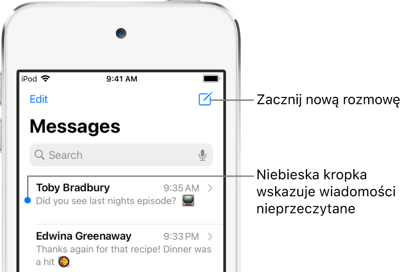 Lista wiadomości z przyciskiem Edycja w lewym górnym rogu oraz przyciskiem tworzenia wiadomości w prawym górnym rogu. Niebieska kropka po lewej stronie wiadomości wskazuje, że nie została ona przeczytana.