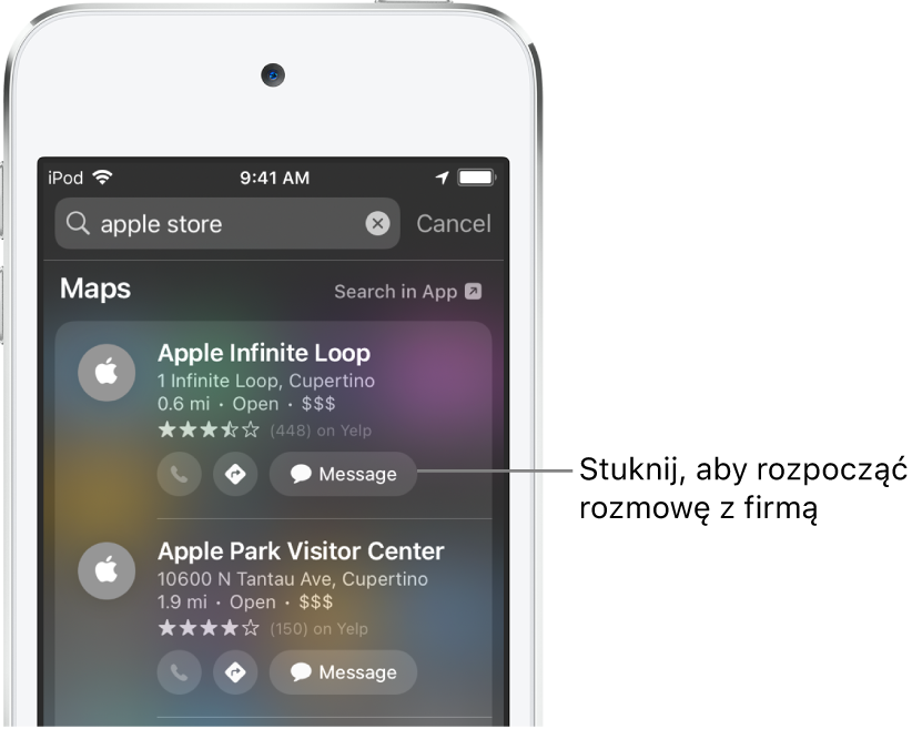 Ekran wyszukiwania wyświetlający wyniki wyszukiwania w Mapach. Każdy wynik obejmuje krótki opis, ocenę lub adres. Każda witryna obejmuje adres URL. Drugi wynik zawiera przycisk pozwalający rozpocząć czat z Apple Store.