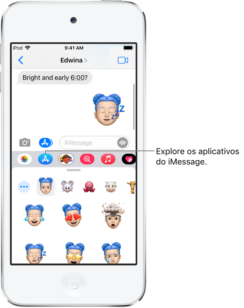 Conversa do Mensagens com o botão Navegador de Apps para iMessage selecionado. A gaveta aberta de apps mostra adesivos com um rosto sorridente.