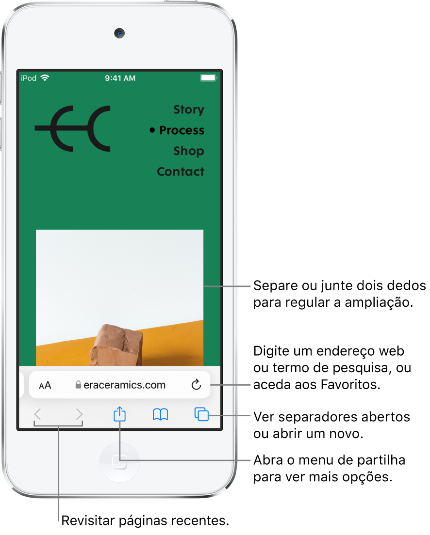 Um site aberto no Safari, com o campo de endereço no fundo da página. Ao fundo, da esquerda para a direita, estão os botões Voltar, Avançar, Partilhar e Separadores.