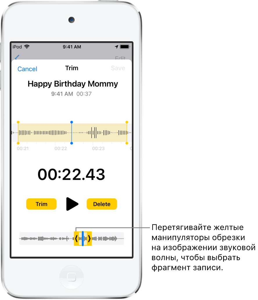 На экране показано, как выполняется обрезка записи. В нижней части экрана между манипуляторами обрезки находится часть изображения звуковой волны. Кнопка воспроизведения и таймер записи показаны над изображением звуковой волны. Манипуляторы обрезки находятся под кнопкой воспроизведения. Кнопка «Обрезать» для удаления части записи за пределами маркеров и кнопка «Удалить» для удаления части записи внутри маркеров находятся по обе стороны от кнопки «Воспроизвести».