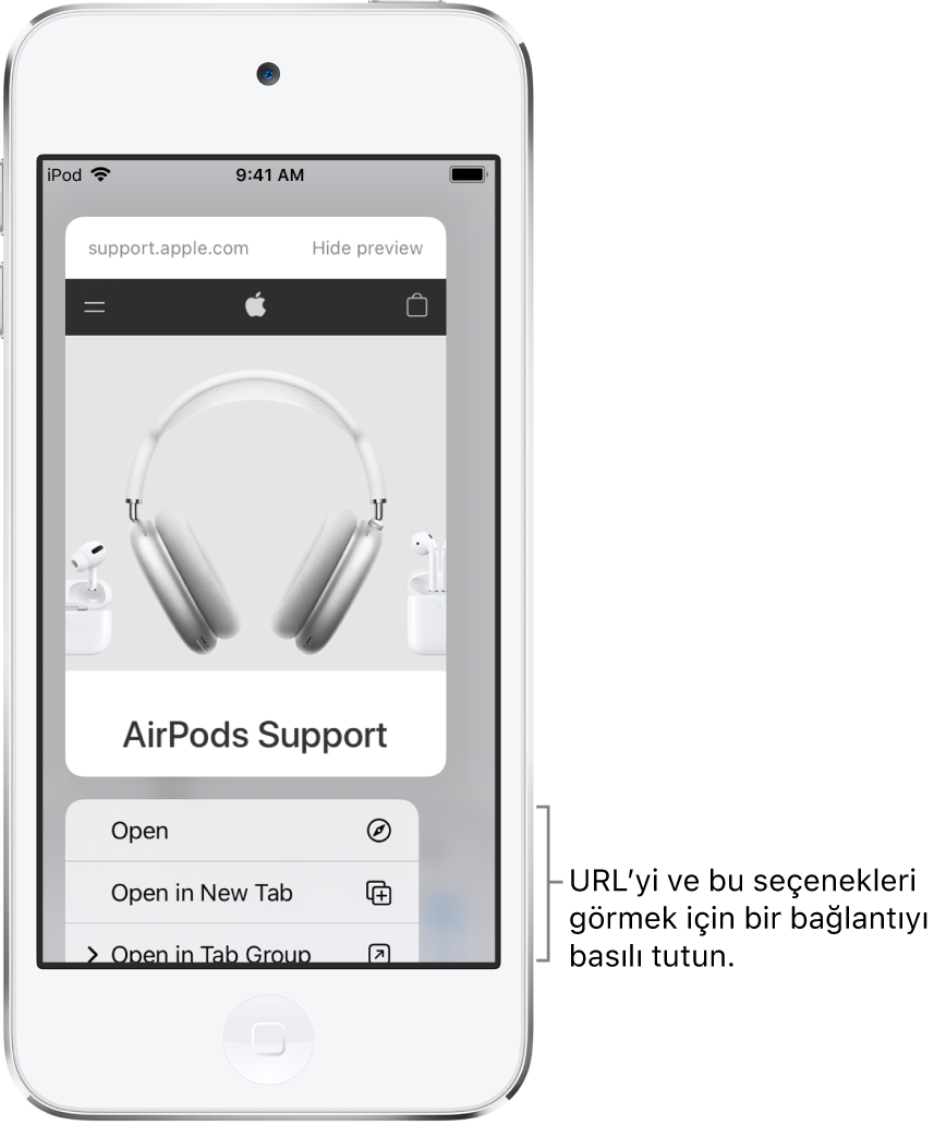 Hedef URL’nin bir önizlemesi ve olası eylemlerin bir listesi: Aç, Yeni Sekmede Aç ve Sekme Grubunda Aç.