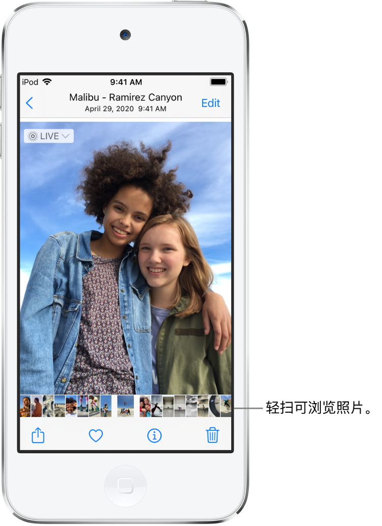 一张照片，屏幕底部包含其他照片的缩略图。左上方是返回按钮，可带您返回当时正在浏览的视图。底部是“共享”、“赞”和“删除”按钮。右上方是“编辑”按钮。
