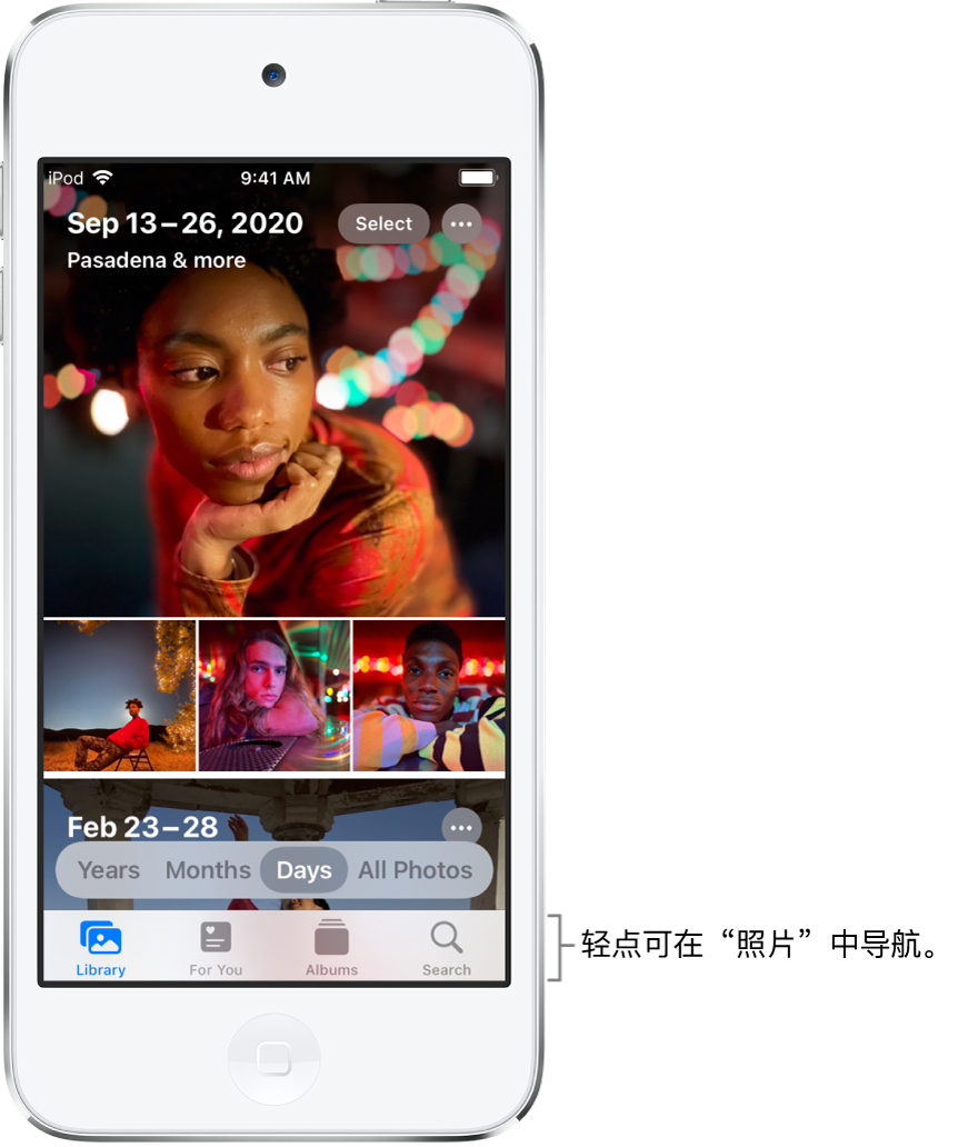 以日视图显示的照片图库。所选照片缩略图填满屏幕。屏幕左上方是照片的拍摄日期和位置。右上方是“选择”和“更多选项”按钮。缩略图下方是按“年”、“月”、“日”以及“所有照片”来查看照片图库的选项。底部依次是“图库”、“为你推荐”、“相簿”和“搜索”按钮。