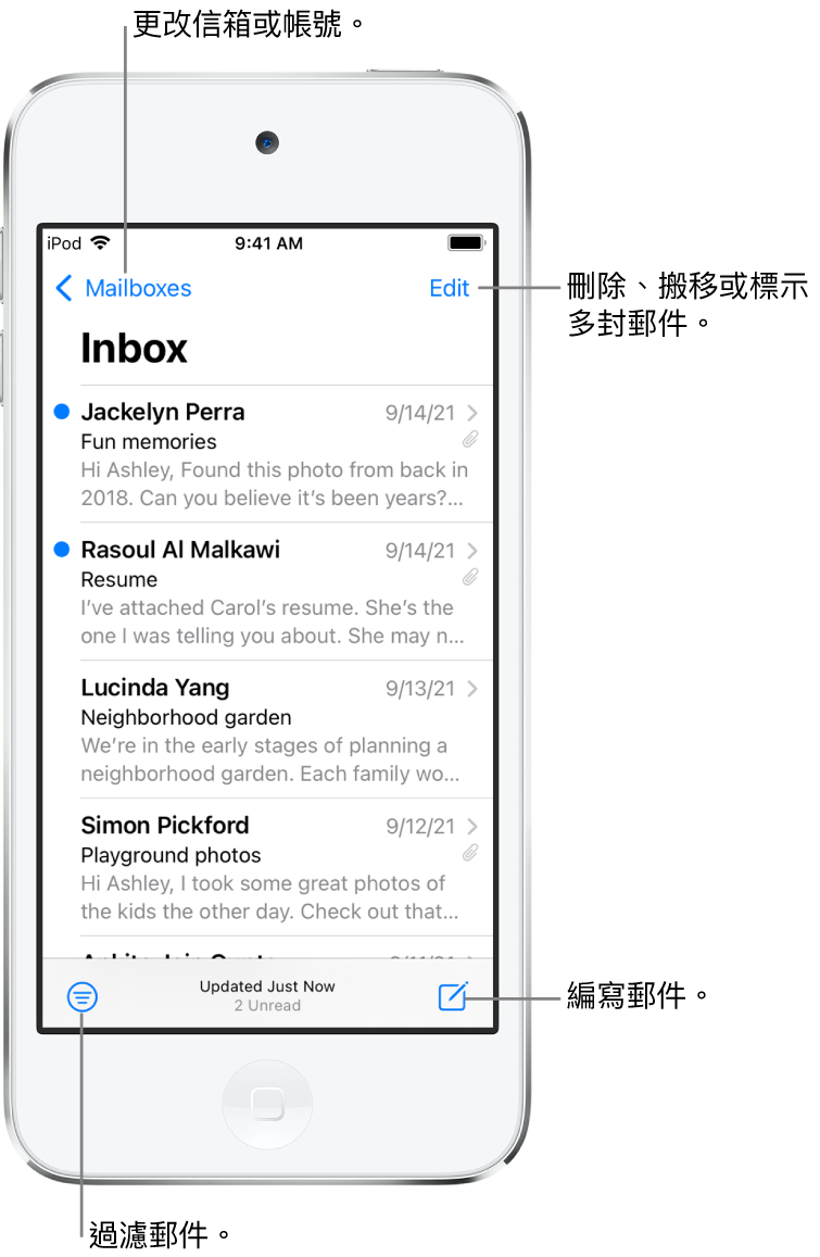 顯示電子郵件列表的「收件匣」。切換至其他信箱的「信箱」按鈕位於左上角。刪除、搬移或標示電子郵件的「編輯」按鈕位於右上角。用於過濾電子郵件以便只顯示特定種類電子郵件的按鈕位於左下角。編寫新電子郵件的按鈕位於右下角。