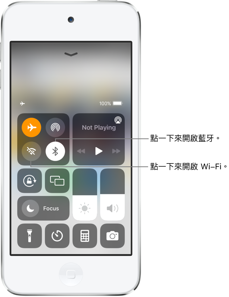 開啟飛航模式的「控制中心」。開啟 Wi-Fi 和藍牙的按鈕位於「控制中心」左上角附近。