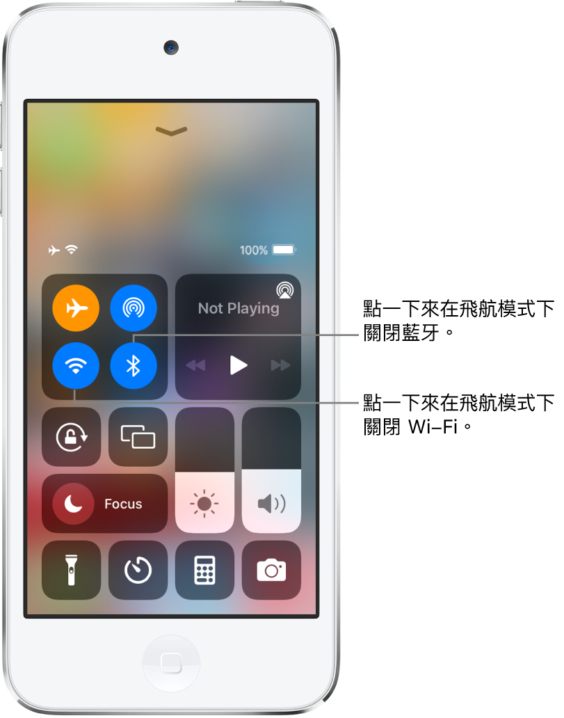 開啟飛航模式的「控制中心」。在左上角的控制項目群組中，是 Wi-Fi 按鈕（左下角）和藍牙按鈕（右下角）。