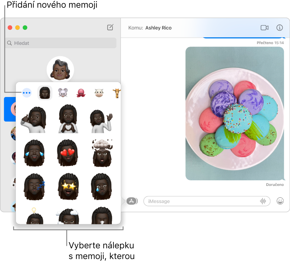 Okno aplikace Zprávy s několika konverzacemi na bočním panelu vlevo; vpravo se zobrazuje přepis konverzace. Při výběru volby Nálepky s memoji z tlačítka Aplikace si můžete vybrat nálepku s memoji nebo vytvořit své vlastní memoji.
