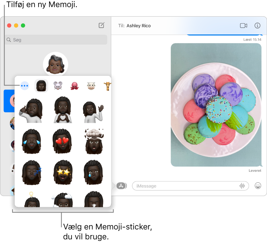 Vinduet Beskeder med flere samtaler i indholdsoversigten til venstre og en udskrift til højre. Når du vælger Memoji-klistermærker med knappen Apps, kan du vælge det Memoji-klistermærke, du vil bruge, eller oprette en ny Memoji.