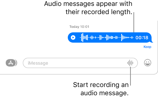 A conversation in the Messages window, showing the Record Audio button next to the text field at the bottom of the window. An audio message appears with its recorded length in the conversation.