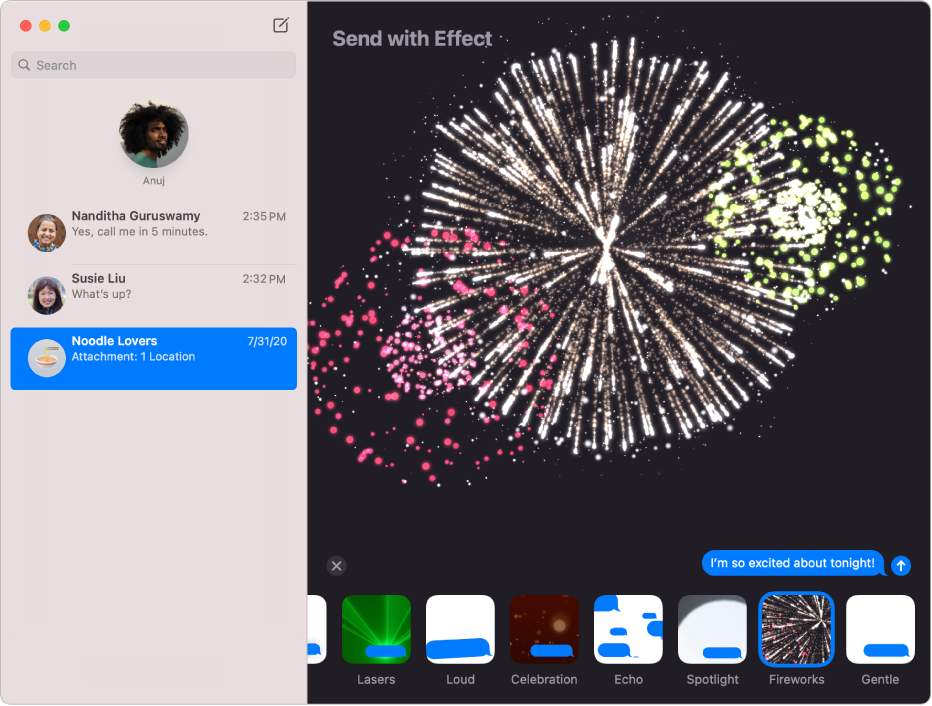 The Messages window with several conversations listed in the sidebar at the left, and a message effect, fireworks, appearing in the conversation at the right.