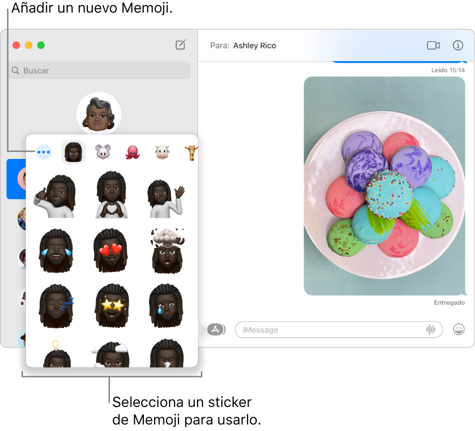 La ventana de Mensajes con una lista de conversaciones en la barra lateral de la izquierda y una transcripción a la derecha. Al seleccionar stickers de Memoji desde el botón Apps, puedes elegir un sticker de Memoji para usarlo, o bien, puedes crear un nuevo Memoji.