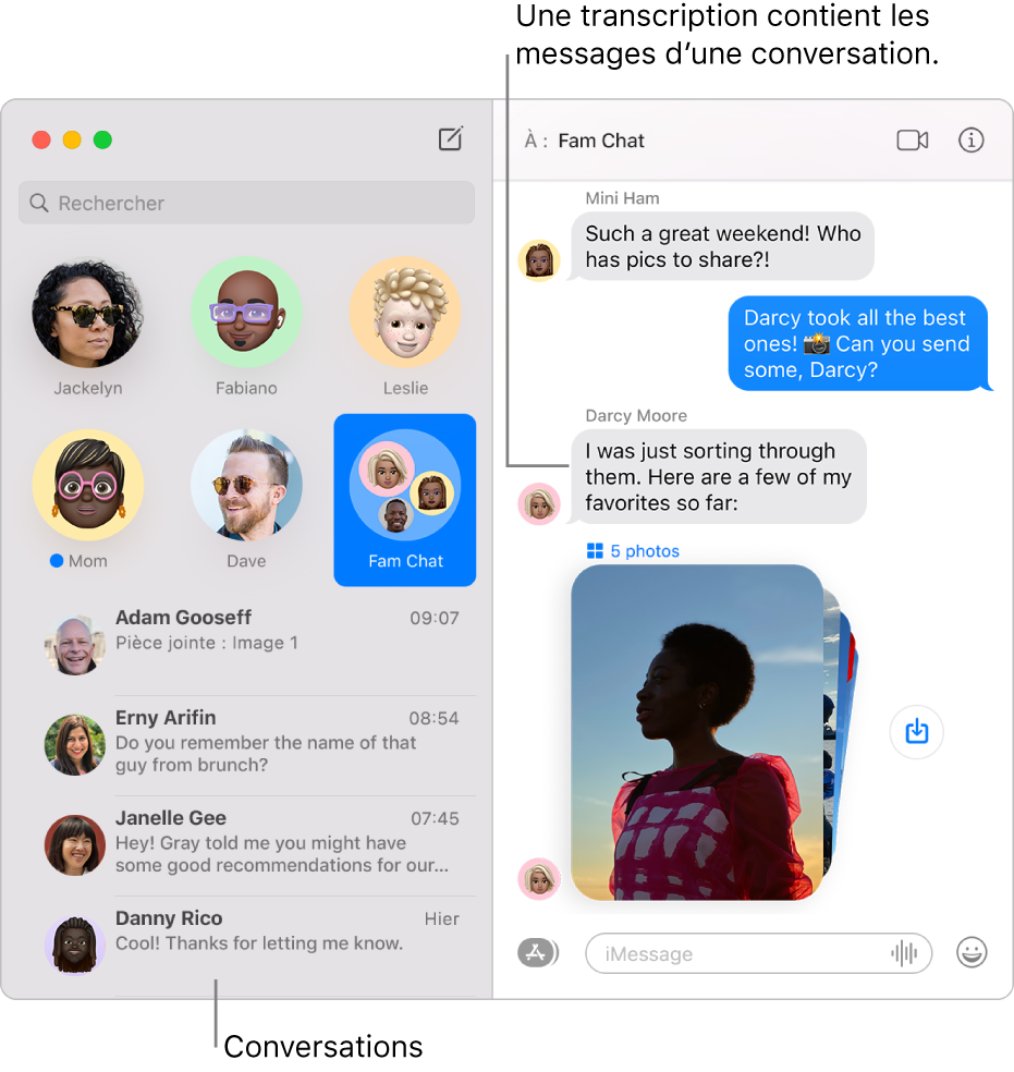 La fenêtre Messages, avec les conversations dans la barre latérale et la transcription contenant les messages de la conversation.