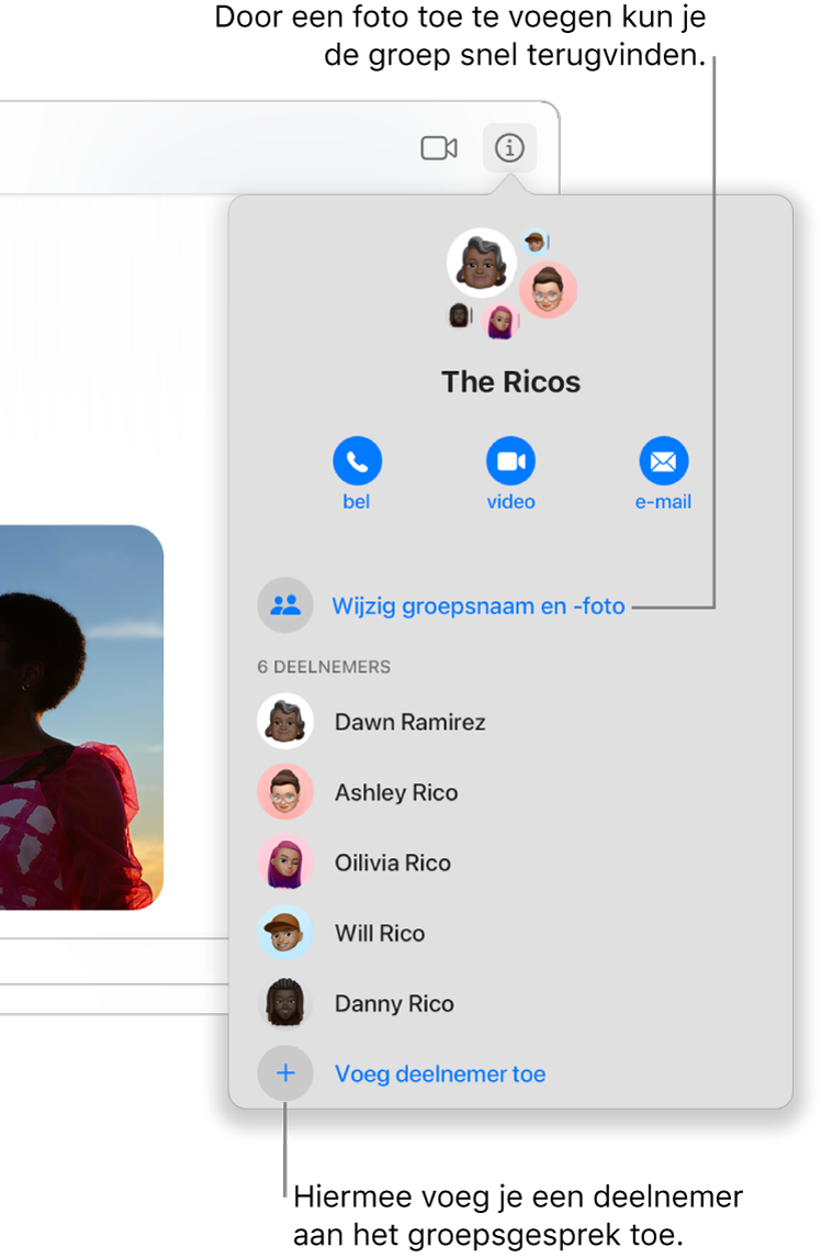 Detailweergave, die verschijnt nadat je in een groepsgesprek op de knop 'Details' hebt geklikt. Onder de naam van de laatste deelnemer in de lijst verschijnt de knop 'Voeg lid toe'. Je kunt de naam en foto van de groep wijzigen boven de namen van de deelnemers.