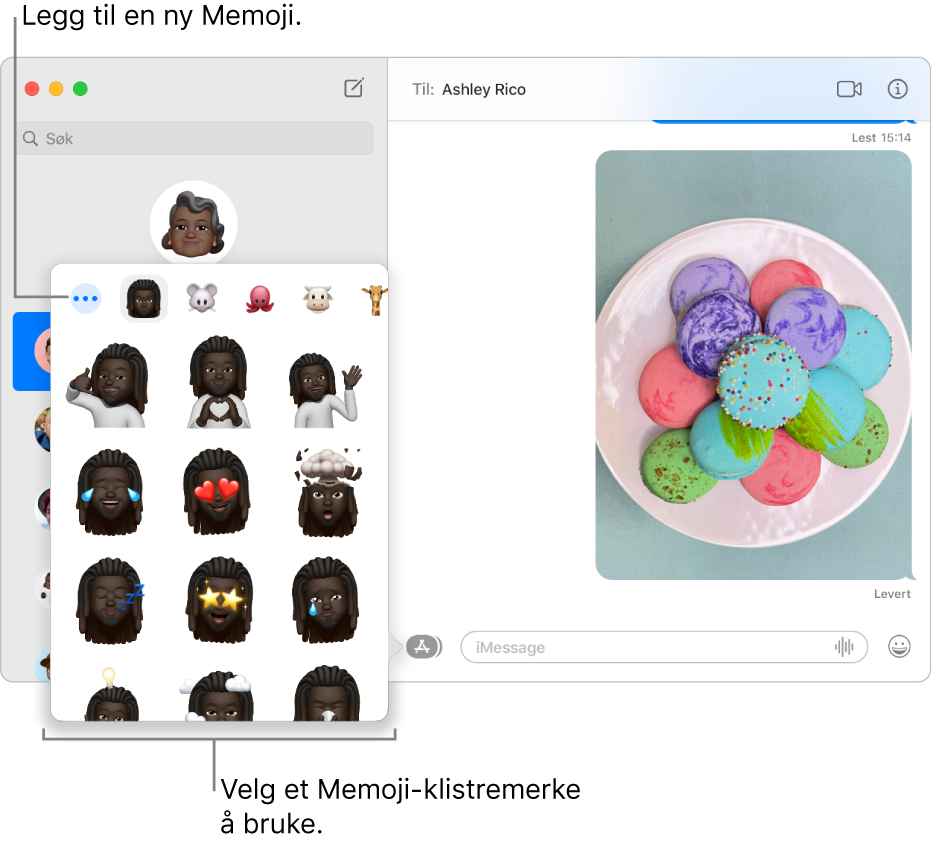 Meldinger-vinduet, med flere samtaler i sidepanelet til venstre og en logg til høyre. Når du velger Memoji-klistremerker fra Apper-knappen, kan du velge et ferdig laget Memoji-klistremerke eller opprette en ny Memoji.