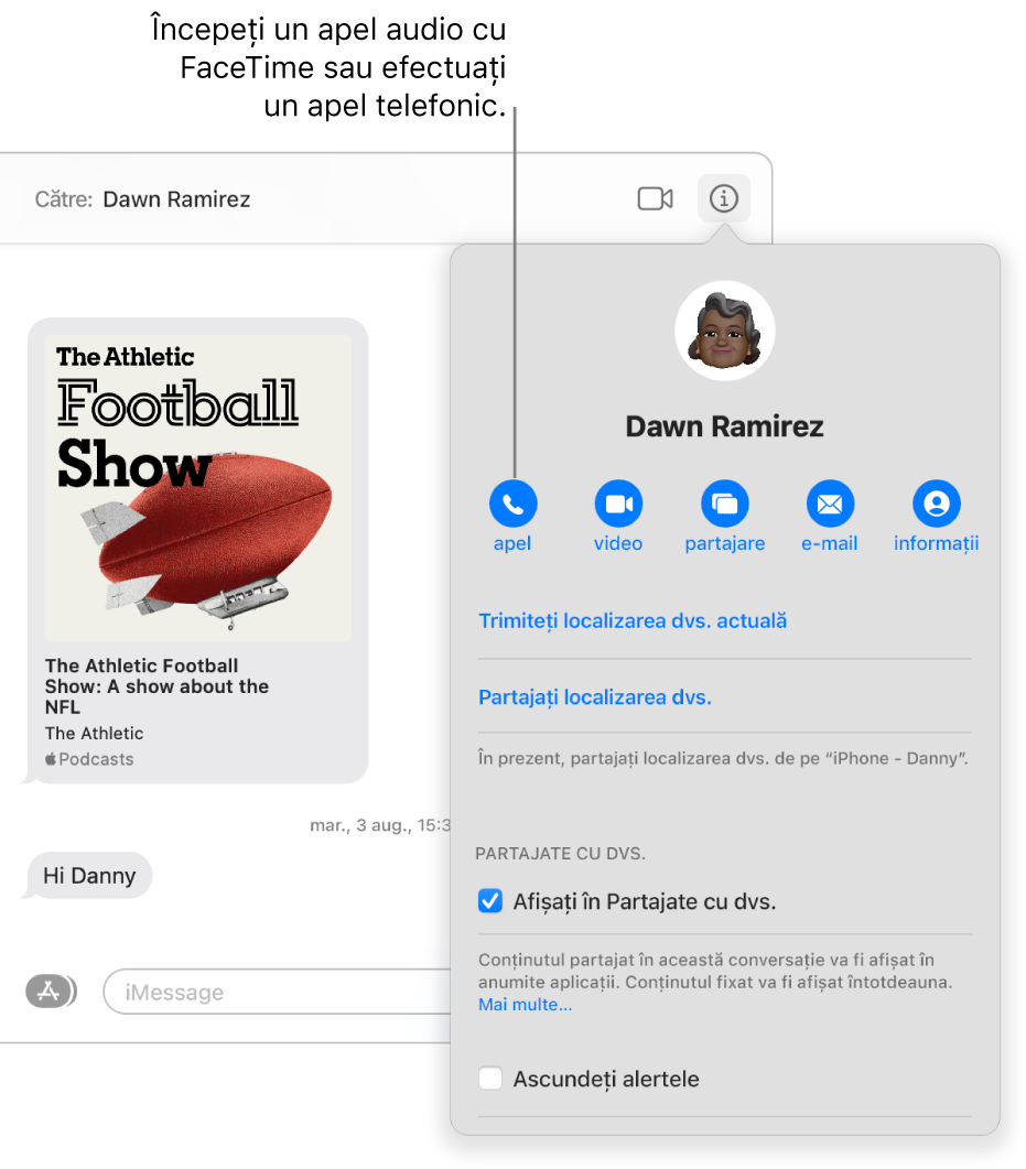 Vizualizarea Detalii care apare după ce faceți clic pe butonul Detalii în cadrul unei conversații. Utilizați butonul de apelare din stânga pentru a începe un apel audio FaceTime sau pentru a efectua un apel telefonic.