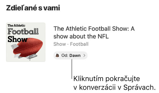 Relácia zdieľaná s vami v apke Podcasty. Kliknite na popis Odosielateľ a pokračujte v konverzácii (odošlite odpoveď) v apke Správy.