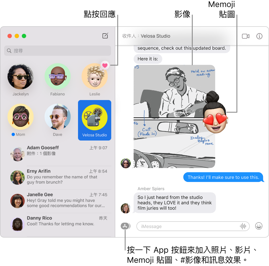 左側側邊欄中列出多個對話的「訊息」視窗，右側則顯示聊天記錄。有幾個項目已醒目提示：一個「點按回應」位於左方已釘選的對話上方，而右方聊天記錄中顯示一張影像和「Memoji 貼圖」。按一下視窗底部的 App 按鈕來加入照片、Memoji 貼圖、#影像和訊息效果。