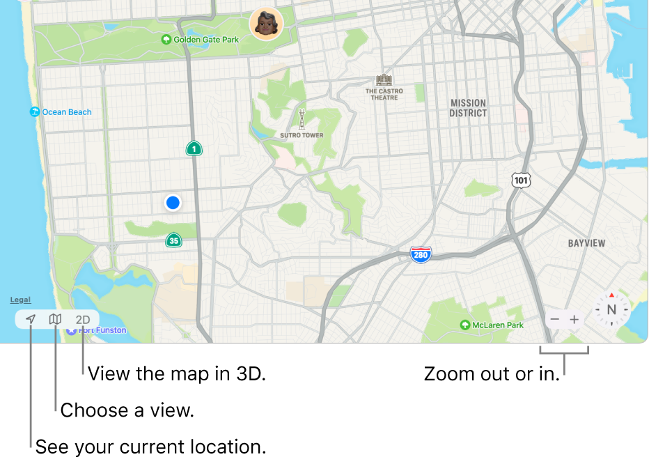 View of the Find My window showing people’s locations on a map. In the lower-left corner, use buttons to see your current location, choose a view, and view the map in 3D. In the lower-right corner, use the zoom buttons to zoom in or out on the map.