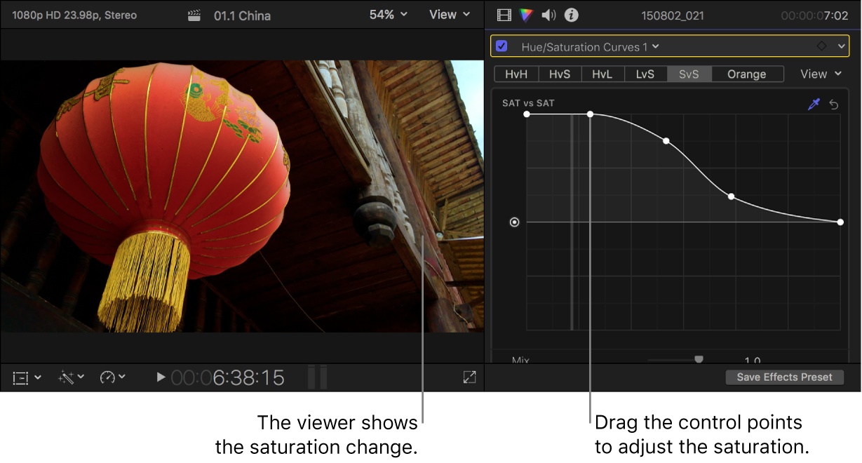 Der Viewer links mit der geänderten Sättigung und das Informationsfenster „Farbe“ rechts mit angepassten Steuerpunkten auf der Kurve „Luma vs. Sättigung“