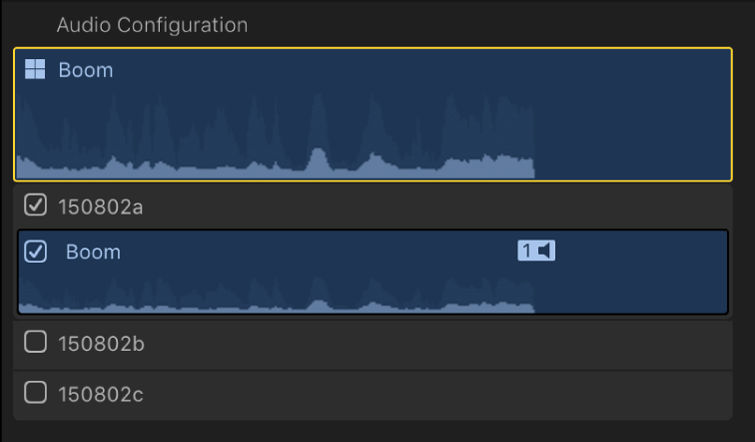 Der Abschnitt „Audiokonfiguration“ im Informationsfenster „Audio“ zeigt die Rollenkomponente für die aktive Kamera eines Multicam-Clips