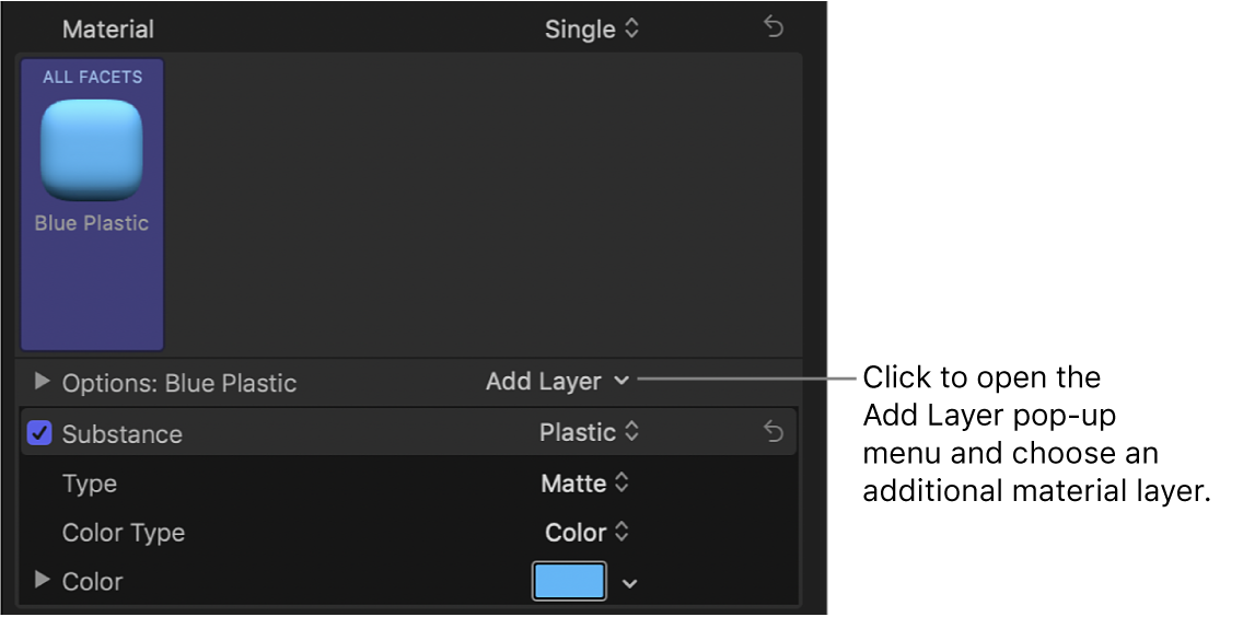 The Add Layer pop-up menu in the Material section of the Text inspector, with Blue Plastic selected