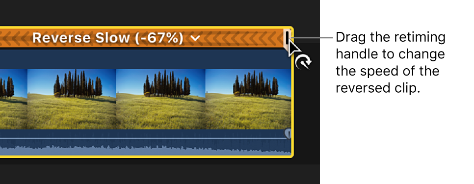 The timeline showing the retiming handle of a reversed clip being dragged to adjust the speed