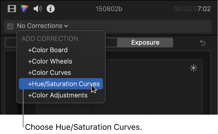 Opción “Curvas de matiz/saturación” seleccionada en la sección “Añadir corrección” del menú desplegable de la parte superior del inspector de color