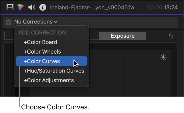 Opción “Curvas de color” seleccionada en la sección “Añadir corrección” del menú desplegable de la parte superior del inspector de color