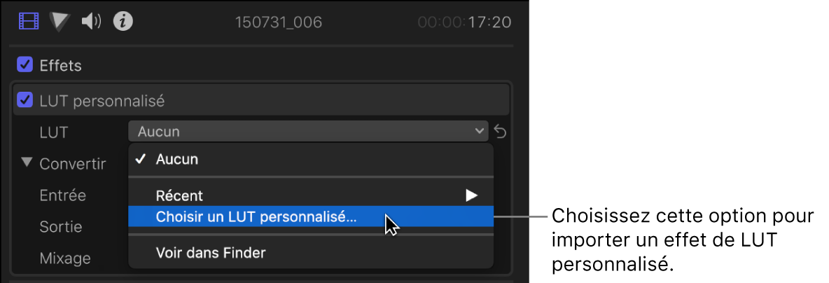 Option « Choisir une LUT personnalisée » choisie dans le menu local LUT dans la section LUT personnalisée de l’inspecteur vidéo