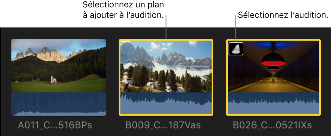 Plan et audition sélectionnés dans le navigateur