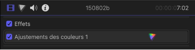 Effet Ajustements de couleurs dans la section Effets de l’inspecteur vidéo