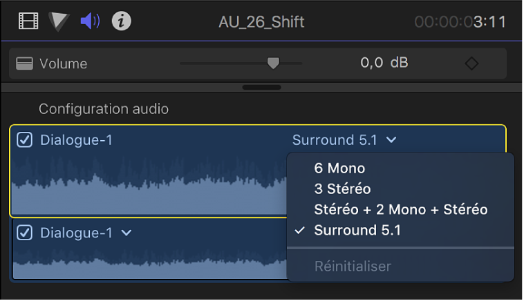 Section Configuration audio de l’inspecteur audio, avec les canaux et les formes d’onde dans le plan sélectionné