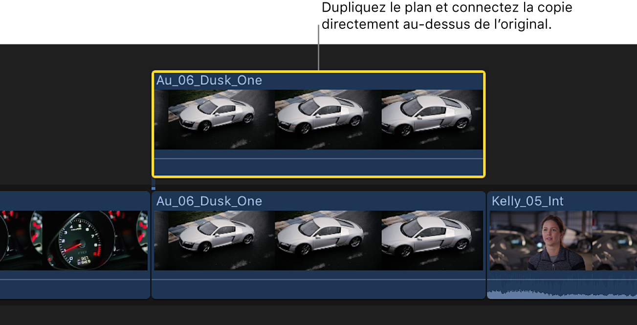 Timeline affichant un plan dans le scénario principal et un plan dupliqué placé directement au-dessus du plan d’origine et connecté à celui-ci