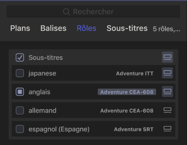 Fenêtre Rôles de l’index de la timeline affichant les sous-rôles de langue de sous-titrage