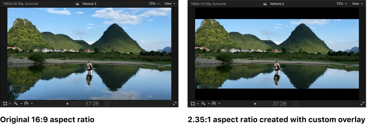 左のビューアでは16:9のアスペクト比で表示されており、右のビューアでは同じプロジェクトにカスタムオーバーレイが追加され、レターボックスマットエフェクトが作成されて2.35:1のアスペクト比で表示されている