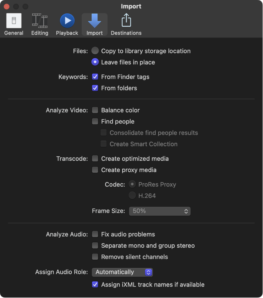 Final Cut Pro 설정 윈도우의 가져오기 패널