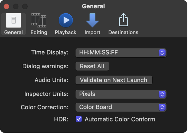 Final Cut Pro 설정 윈도우의 일반 패널