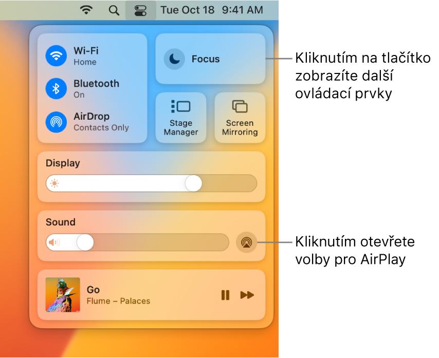 Zvětšené zobrazení Ovládacího centra na Macu
