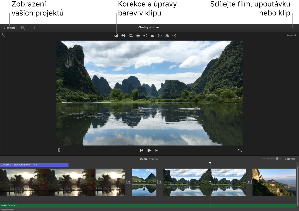 Okno iMovie s popisky tlačítek pro prohlížení projektů, korekci a úpravy barev a sdílení filmů, upoutávek či filmových klipů