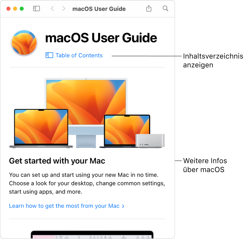 Die Startseite des macOS – Benutzerhandbuchs mit dem Link zum Inhaltsverzeichnis