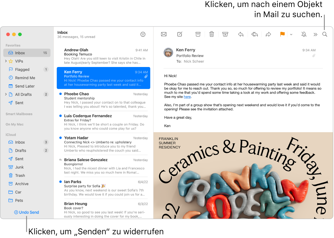 Ein Fenster der App „Mail“; auf der linken Seite werden die Ordner „Favoriten“, „Intelligente Postfächer“ und „iCloud“ angezeigt. Neben der Seitenleiste befindet sich eine Nachrichtenliste und der Inhalt der ausgewählten Nachricht ist rechts zu sehen.