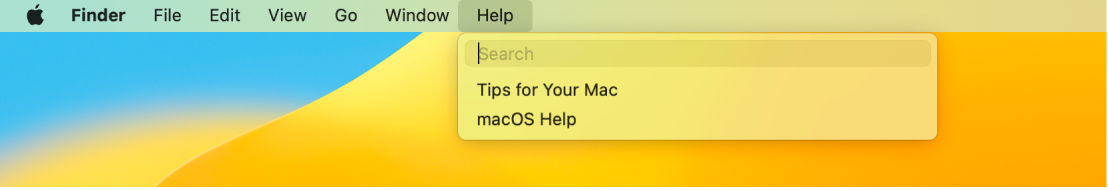 Ein Ausschnitt des Schreibtisch mit dem geöffneten Menü „Hilfe“, in dem die Menüoptionen für die Suche und die macOS-Hilfe zu sehen sind.