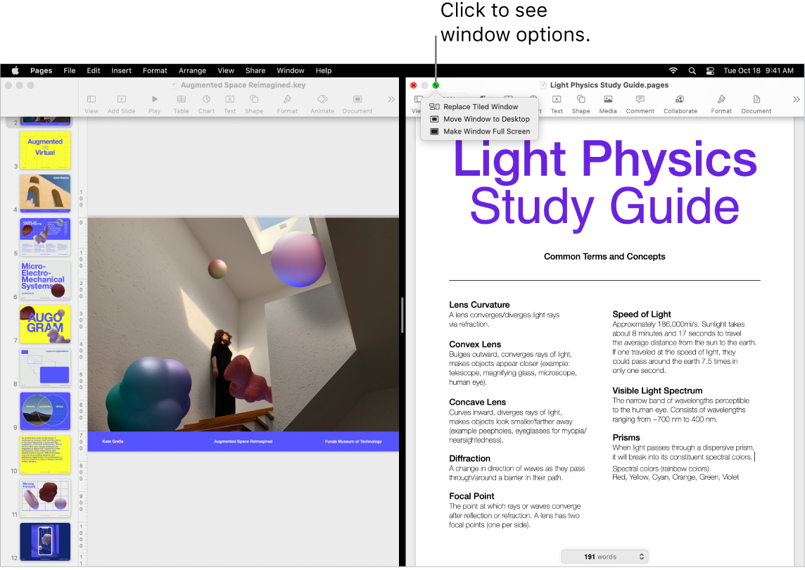 A Keynote presentation filling the left side of the screen and a Pages document filling the right. A pop-up menu is open below the green button showing options to Replace Tiled Window, Move Window to Desktop, and Make Window Full Screen.