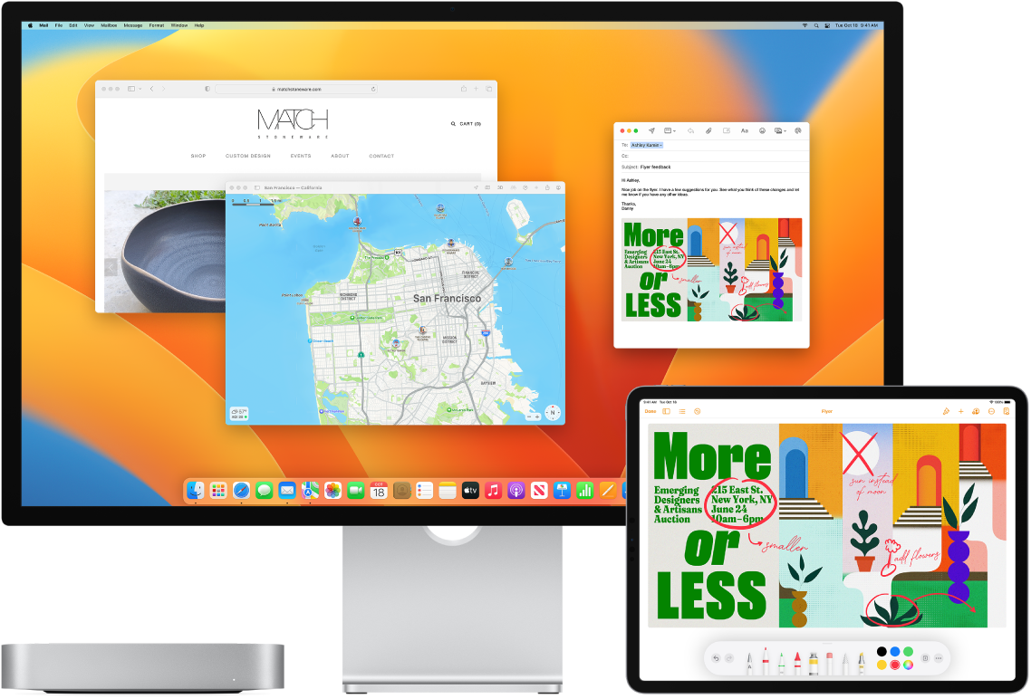 A Mac mini and iPad are shown next to each other. The iPad screen shows a flyer with annotations. The Mac mini screen has a Mail message with the annotated flyer from the iPad as an attachment.