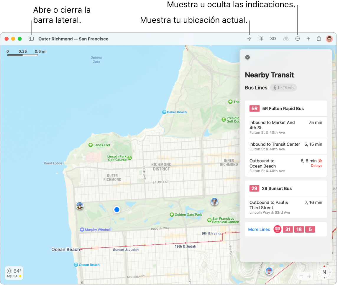 Una ventana de Mapas que muestra cómo obtener rutas haciendo clic en un destino en la barra lateral, cómo abrir o cerrar la barra lateral, y cómo buscar tu ubicación actual en el mapa.