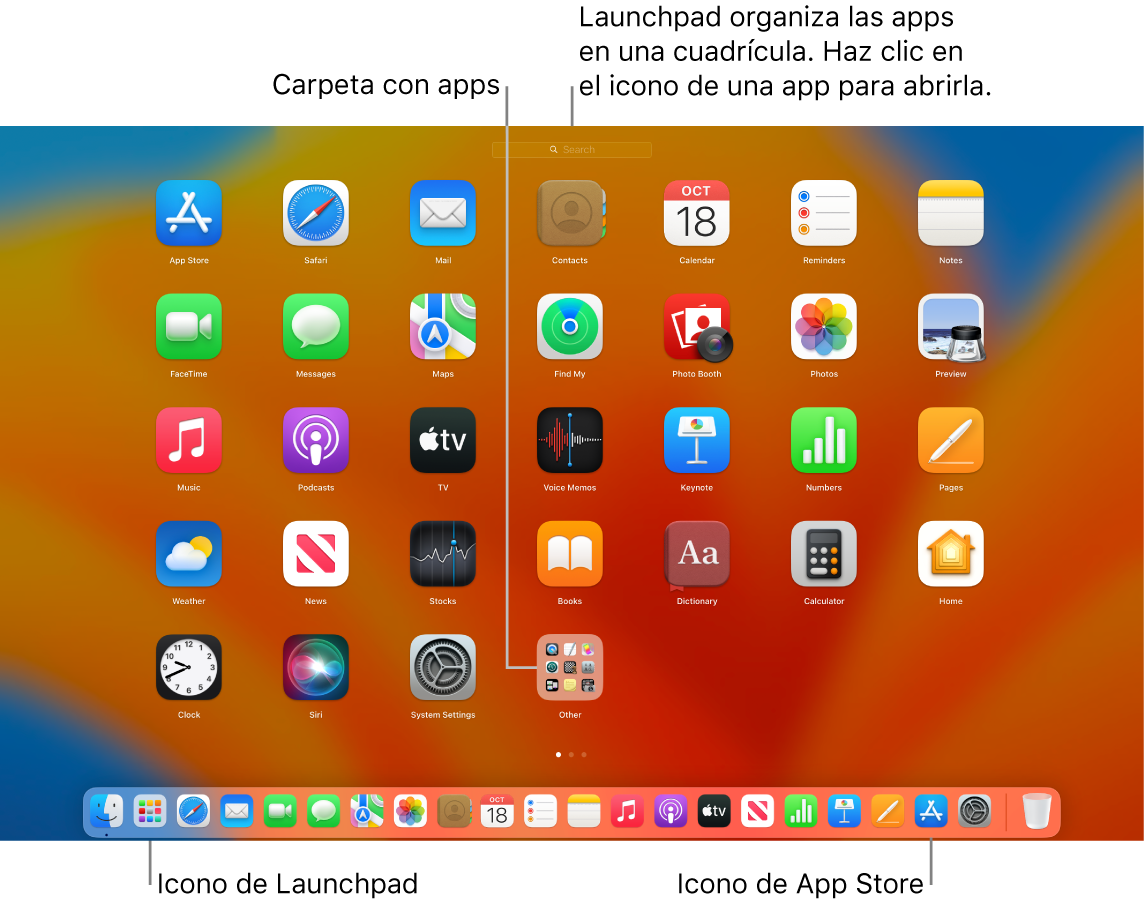 Una pantalla de Mac con Launchpad abierto, donde se muestra una carpeta de apps en Launchpad y los iconos de Launchpad y de App Store en el Dock.