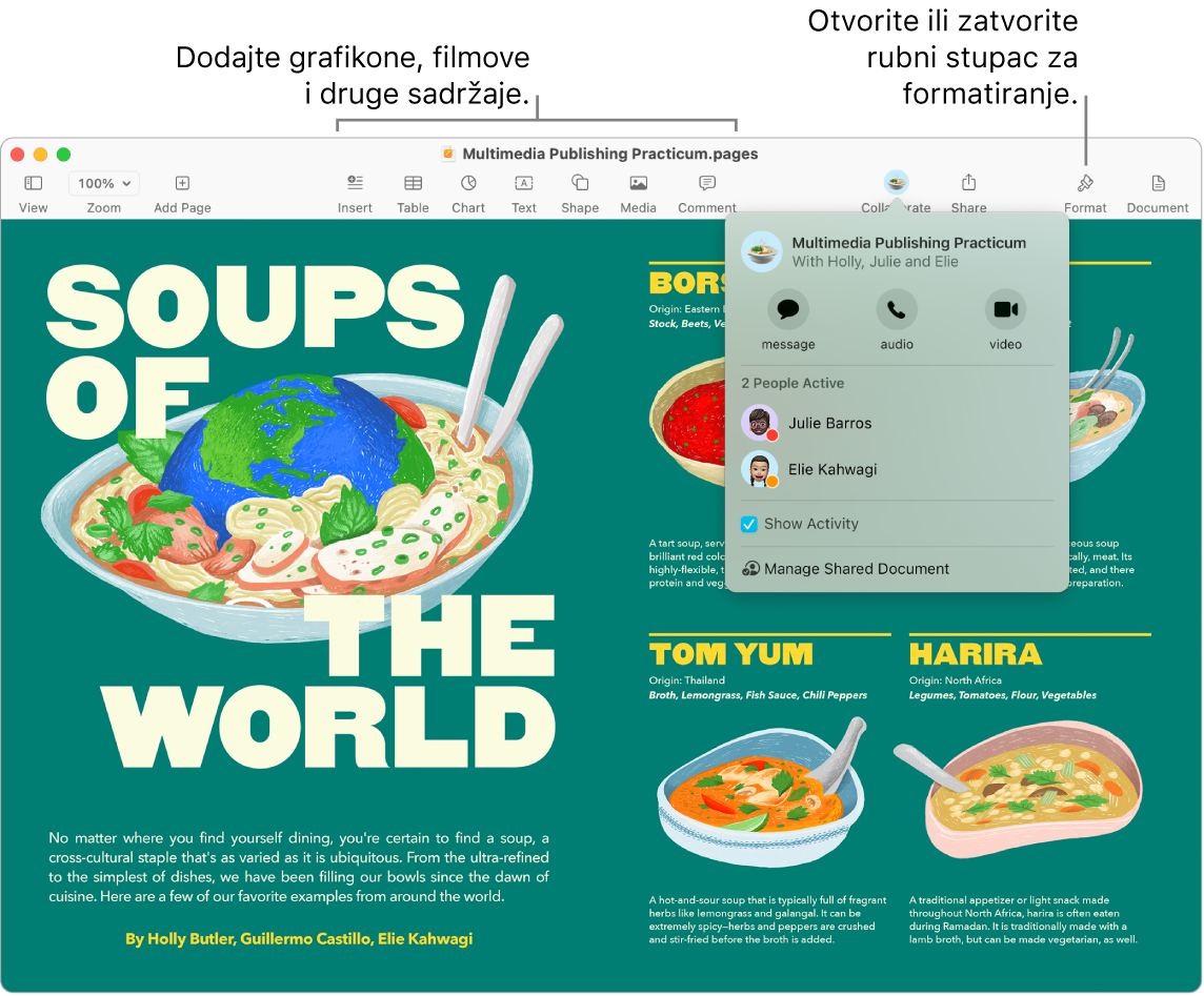 Prozor aplikacije Pages s prikazom Streama aktivnosti pod tipkom Suradnja u alatnoj traci, s dvije aktivne osobe. Postoje oblačići za dodavanje grafikona, filmova i ostalog u alatnoj traci, te oblačić za Otvori ili Zatvori rubni stupac Format.