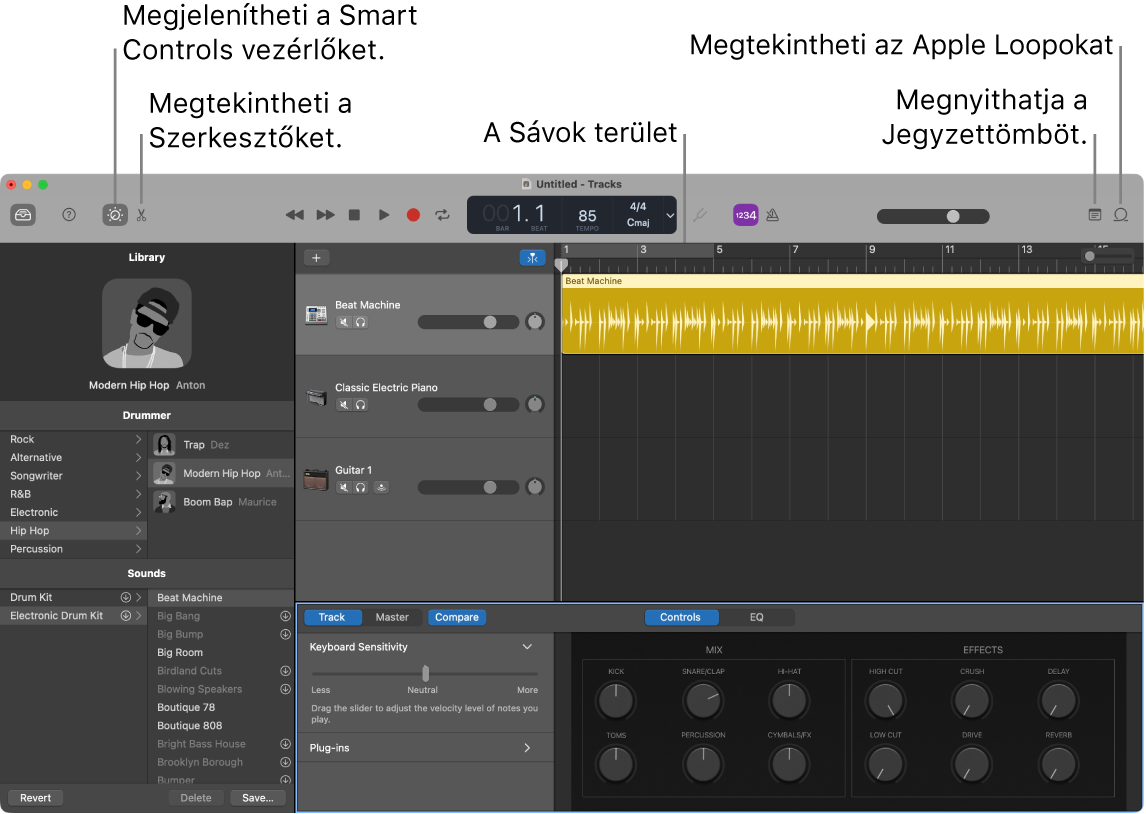 Egy GarageBand-ablak, amelyben az Intelligens vezérlők, a Szerkesztők, a Jegyzetek és az Apple Loopok elérésére szolgáló gombok láthatóak. A sávok nézete is látható.